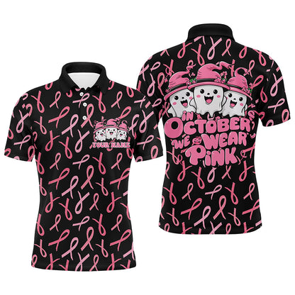 Custom Cute Funny Halloween Breast Cancer Polo Shirts For Men "In October We Wear Pink" IPHW7125