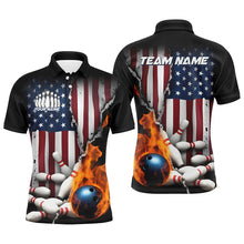 Load image into Gallery viewer, Flaming Bowling Ball Custom Patriotic Bowling Team Shirts For Men, US Flag Bowling League Shirt IPHW7725