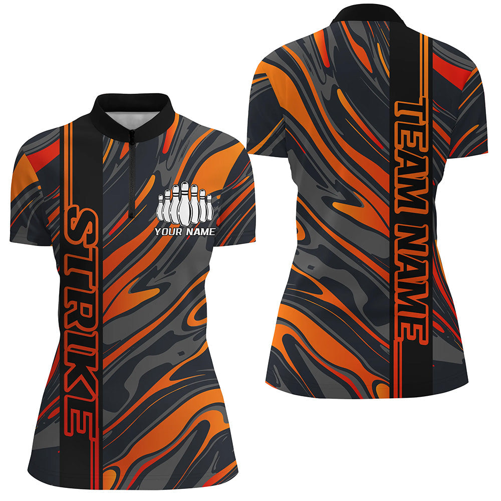 Custom Orange Camo Strike Bowling Quarter-Zip Shirts For Women, Striking Bowling Team Uniform IPHW8139
