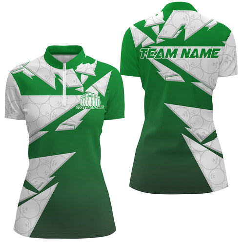 Custom White And Green Bowling Quarter-Zip Shirts For Women, Bowling League Shirt IPHW8144