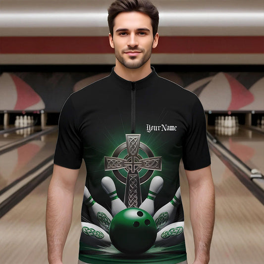 Custom Celtic Cross Faith Bowling Quarter-Zip Team Shirts For Men, Bowlers Outfits IPHW8574