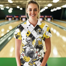 Load image into Gallery viewer, Custom Yellow Argyle Pattern Funny Skeleton Bowling And Beer Women Polo Shirts, Team Outfit IPHW8892