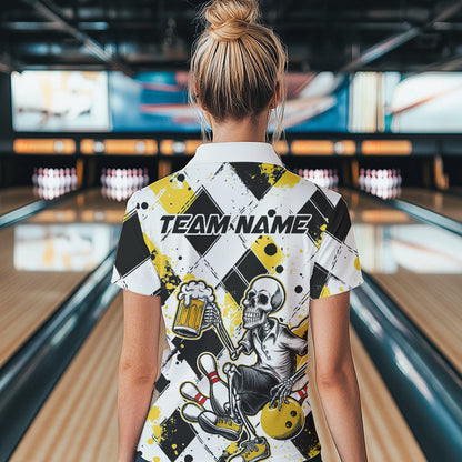 Custom Yellow Argyle Pattern Funny Skeleton Bowling And Beer Women Polo Shirts, Team Outfit IPHW8892