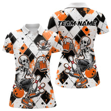 Load image into Gallery viewer, Custom Orange Argyle Pattern Funny Skeleton Bowling And Beer Women Polo Shirts, Team Outfit IPHW8893