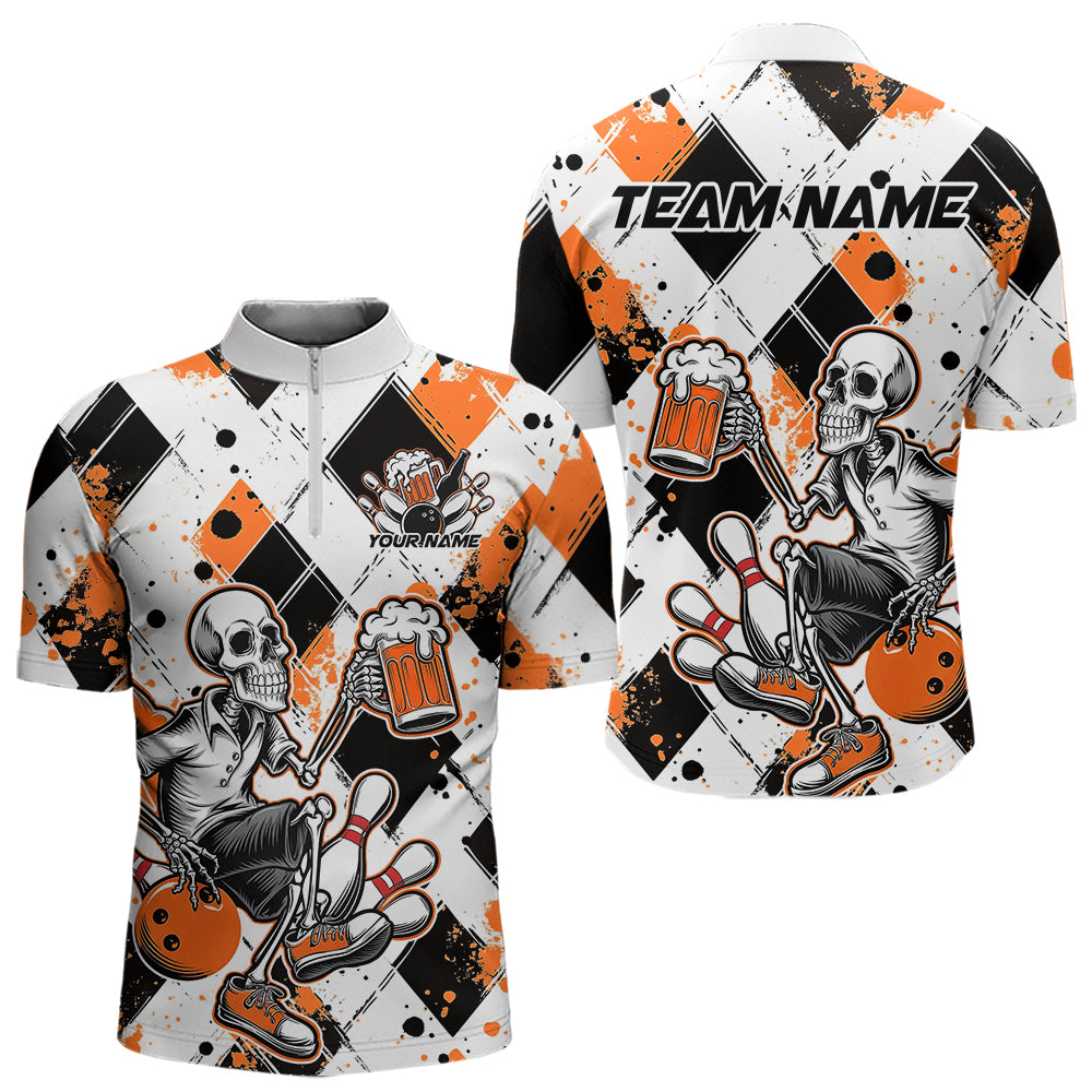 Custom Orange Argyle Pattern Funny Skeleton Bowling And Beer Men Quarter-Zip Shirts, Team Outfit IPHW8893