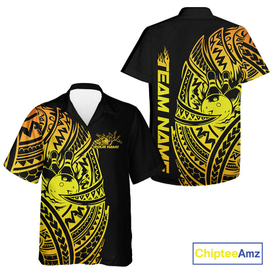 Front and back views of a black and gold button-up bowling shirt featuring bowling motifs highlighted by bold tribal swirl graphics.