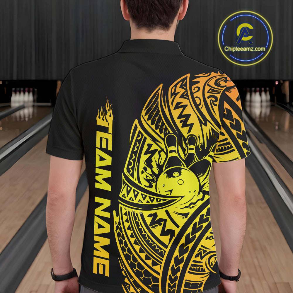 Back view of a male model in a black and gold bowling polo shirt displaying bold swirl bowling graphics and Polynesian accents.