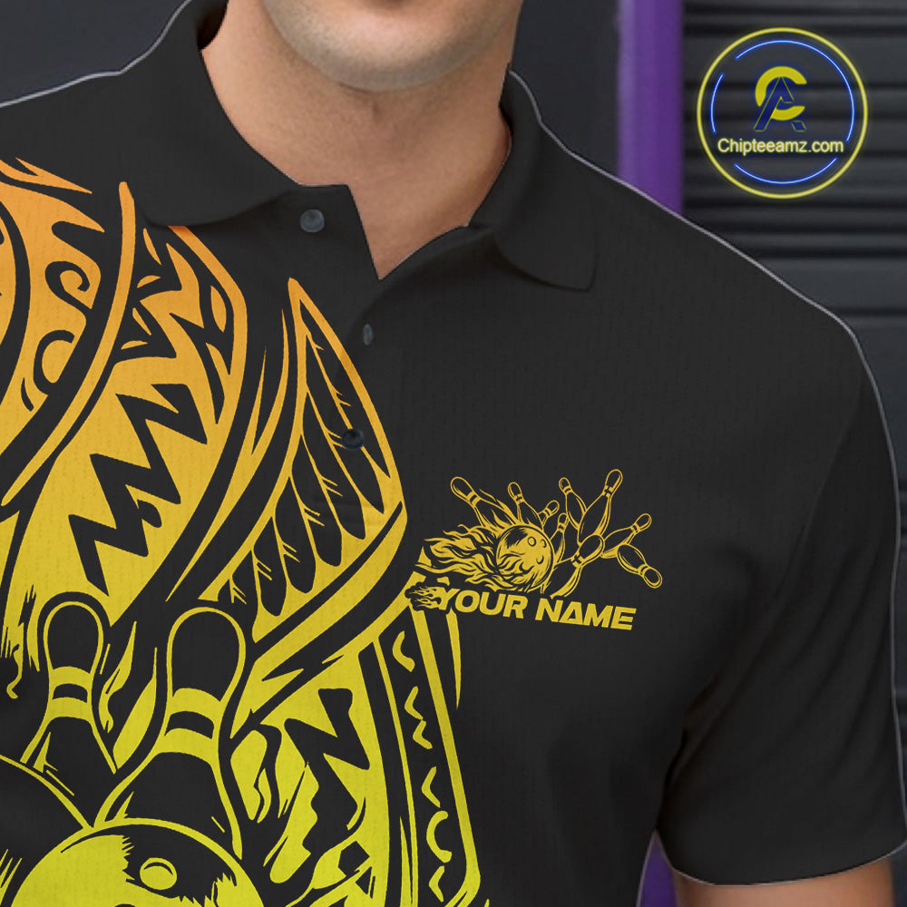 Close-up of the left chest on a black and gold bowling polo shirt featuring tribal-framed bowling artwork.