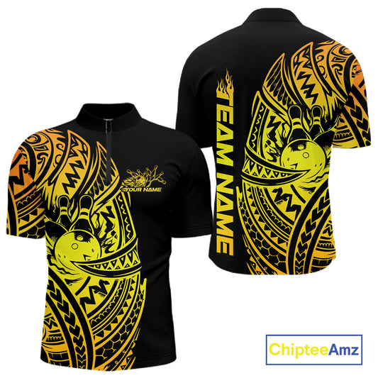 Front and back views of a black and gold mens bowling quarter-zip shirt with bowling ball and pin graphics framed by bold tribal patterns.