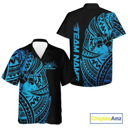 Front and back views of a black and blue button-up bowling shirt displaying bowling ball and pin artwork framed by striking Polynesian-inspired swirls.