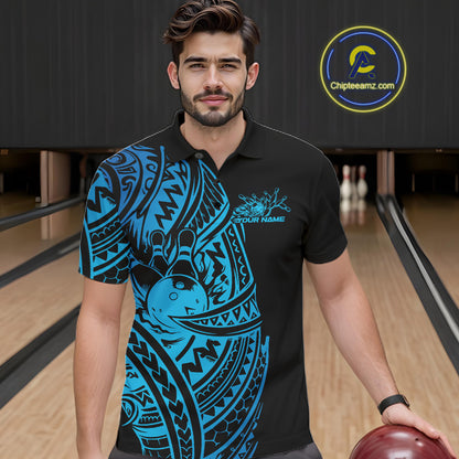 Male model wearing a black and blue bowling polo shirt at the bowling lane with striking tribal bowling graphics and swirl accents.