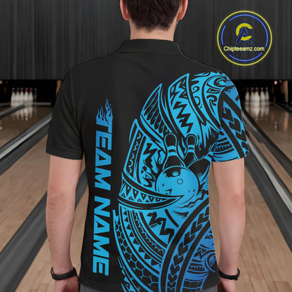Back view of a male model in a black and blue bowling polo shirt featuring bowling ball and pin artwork framed by bold tribal swirls and Polynesian patterns.