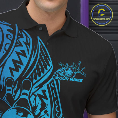 Left chest close-up of a black and blue bowling polo shirt showcasing bowling graphics accented by bold tribal swirl details.