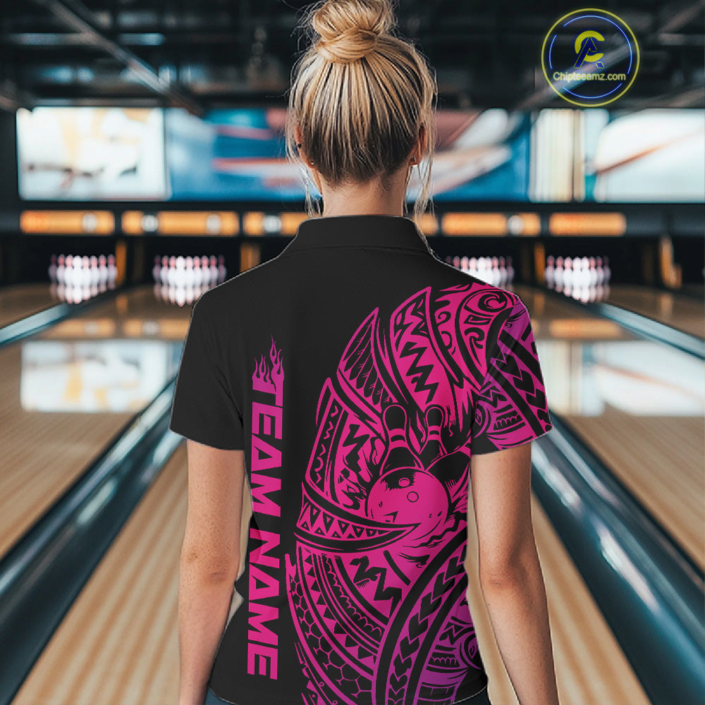 Back view of a female model in a black and pink bowling quarter-zip shirt displaying tribal swirl bowling graphics.