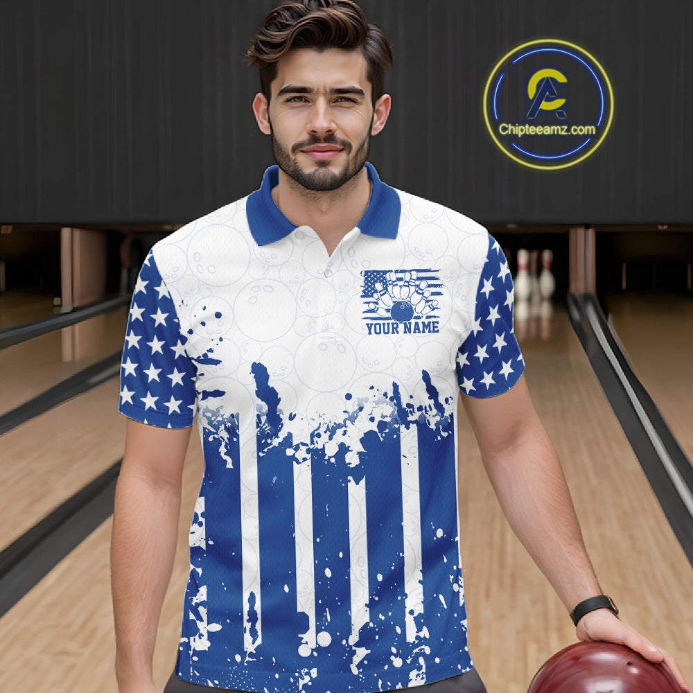 Man wearing a blue and white sports jersey with a bowling alley in the background