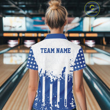Load image into Gallery viewer, Women wearing a blue and white US Flag bowling shirt with 'TEAM NAME' text in a bowling alley. 