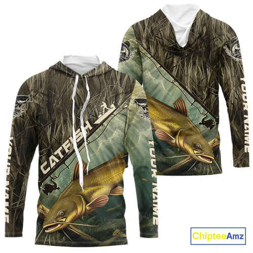 Grass Camo Custom Catfish Fishing Long Sleeve Hooded Tournament UV Protection Fishing Shirts IPHW9348