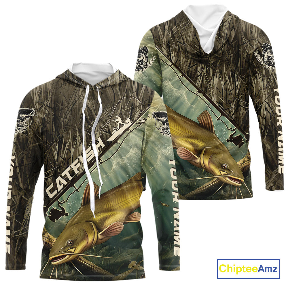 Grass Camo Custom Catfish Fishing Long Sleeve Hooded Tournament UV Protection Fishing Shirts IPHW9348