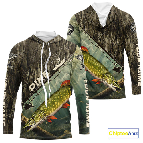 Grass Camo Custom Pike Fishing Long Sleeve Hooded Tournament UV Protection Fishing Shirts IPHW9349
