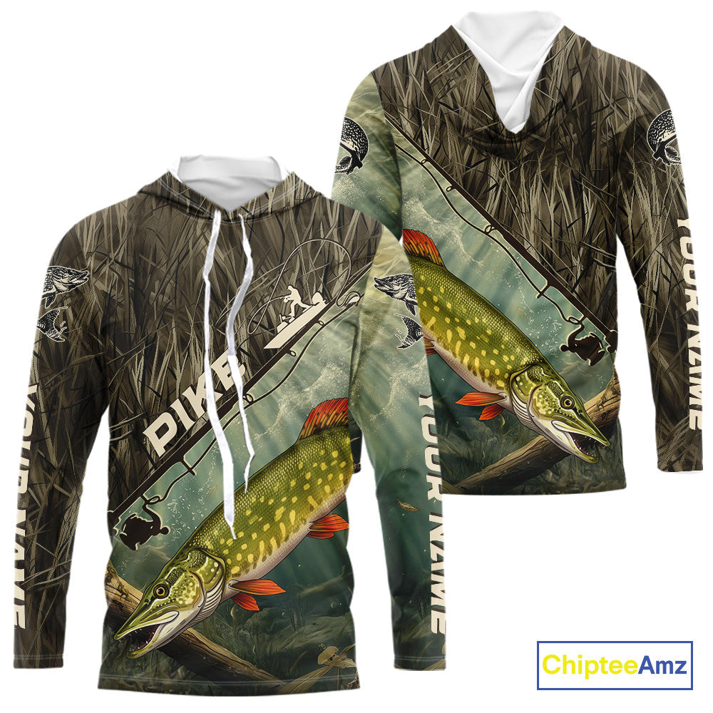 Grass Camo Custom Pike Fishing Long Sleeve Hooded Tournament UV Protection Fishing Shirts IPHW9349