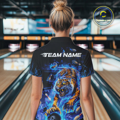Custom Blue Fire Flame Tiger Bowling Team Women Quarter-Zip Shirts, Tiger Bowling Jerseys IPHW9481
