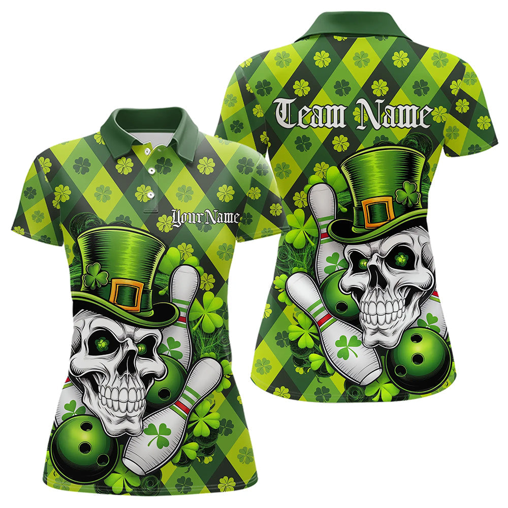 Custom St Patricks Day Skull Bowling Polo Shirt For Women, Green Shamprock Lucky Team Shirt IPHW8581