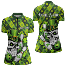 Load image into Gallery viewer, Custom St Patricks Day Skull Bowling Womens Quarter-Zip Shirts, Green Shamprock Lucky Shirt IPHW8581