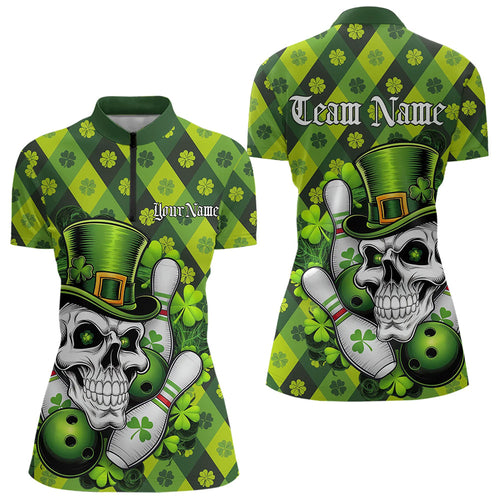 Custom St Patricks Day Skull Bowling Womens Quarter-Zip Shirts, Green Shamprock Lucky Shirt IPHW8581