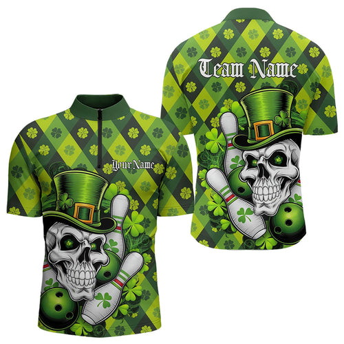 Custom St Patricks Day Skull Bowling Quarter-Zip Shirts For Men, Green Shamprock Lucky Team Shirt IPHW8581