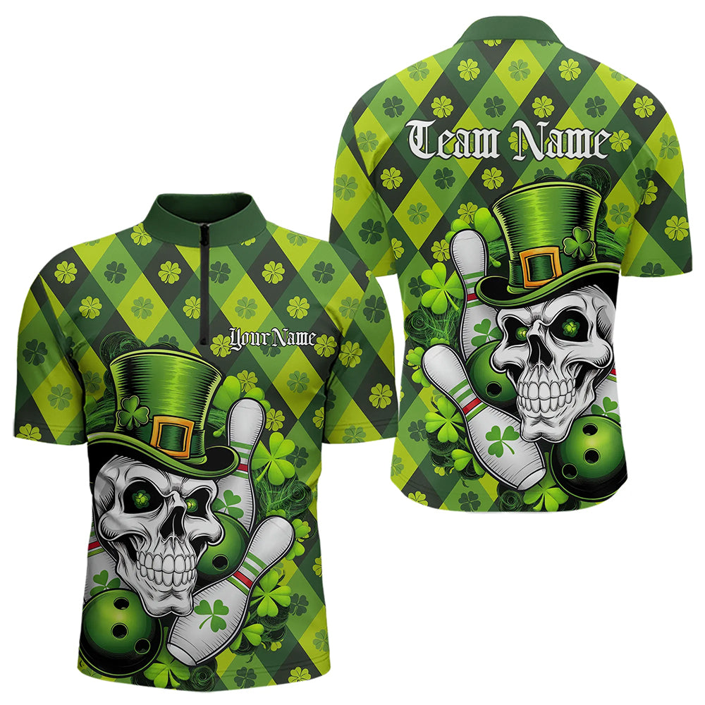 Custom St Patricks Day Skull Bowling Quarter-Zip Shirts For Men, Green Shamprock Lucky Team Shirt IPHW8581