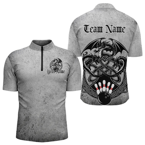 Custom Vintage Viking Dragon Bowling Quarter-Zip Team Shirts For Men, Celtic Bowling Shirt IPHW8586