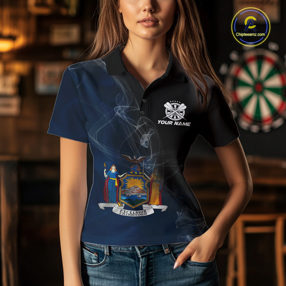 Custom Smoke Flame New York Flag Patriotic Darts Shirt For Women, Dart League Team Jerseys IPHW10742