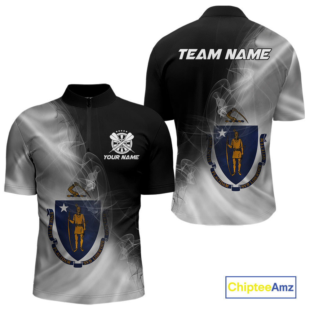 Custom Smoke Flame Massachusetts Flag Patriotic Darts Shirt For Men, Dart League Team Jerseys IPHW10747