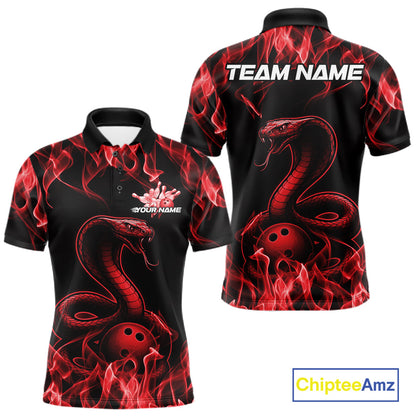 Custom Black And Red Flame Cobra Snake Bowling Men Shirts, Bowling League Shirt IPHW10765