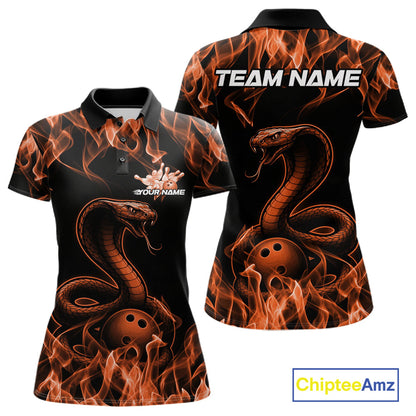 Custom Black And Orange Flame Cobra Snake Bowling Women Shirts, Bowling League Shirt IPHW10767