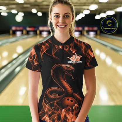 Custom Black And Orange Flame Cobra Snake Bowling Women Shirts, Bowling League Shirt IPHW10767