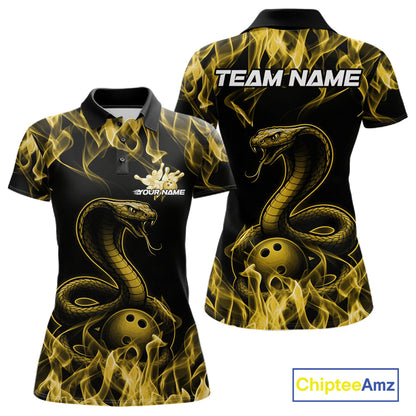 Custom Black And Yellow Flame Cobra Snake Bowling Women Shirts, Bowling League Shirt IPHW10768