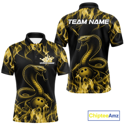 Custom Black And Yellow Flame Cobra Snake Bowling Men Shirts, Bowling League Shirt IPHW10768