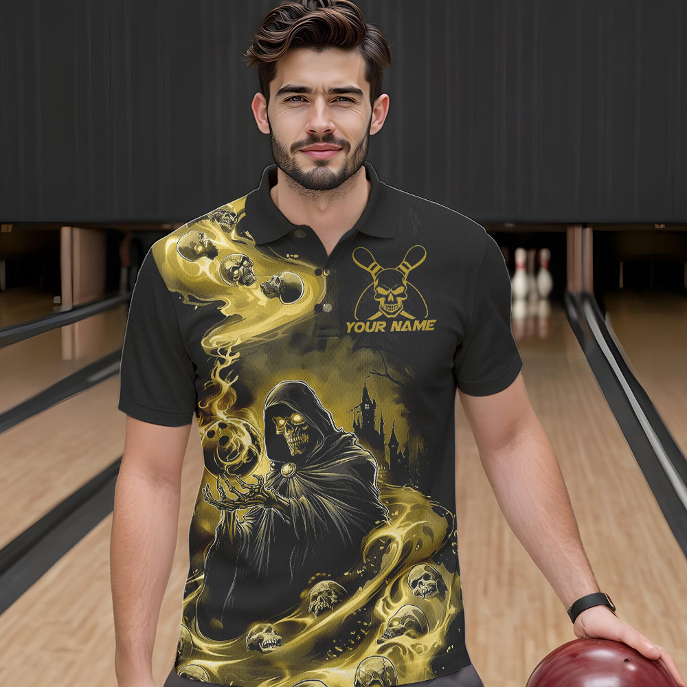Black And Yellow Grim Reaper Custom Halloween Bowling Team Men Polo Shirts, Bowlers Outfit IPHW8894