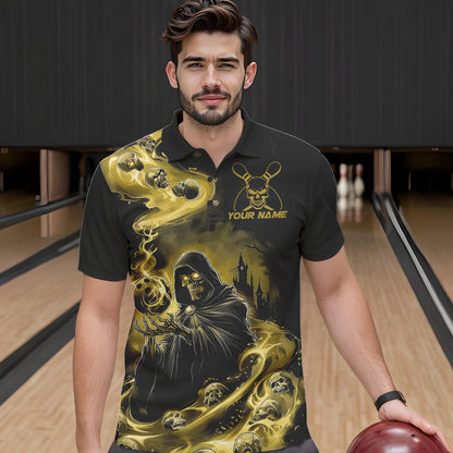 Black And Yellow Grim Reaper Custom Halloween Bowling Team Men Polo Shirts, Bowlers Outfit IPHW8894