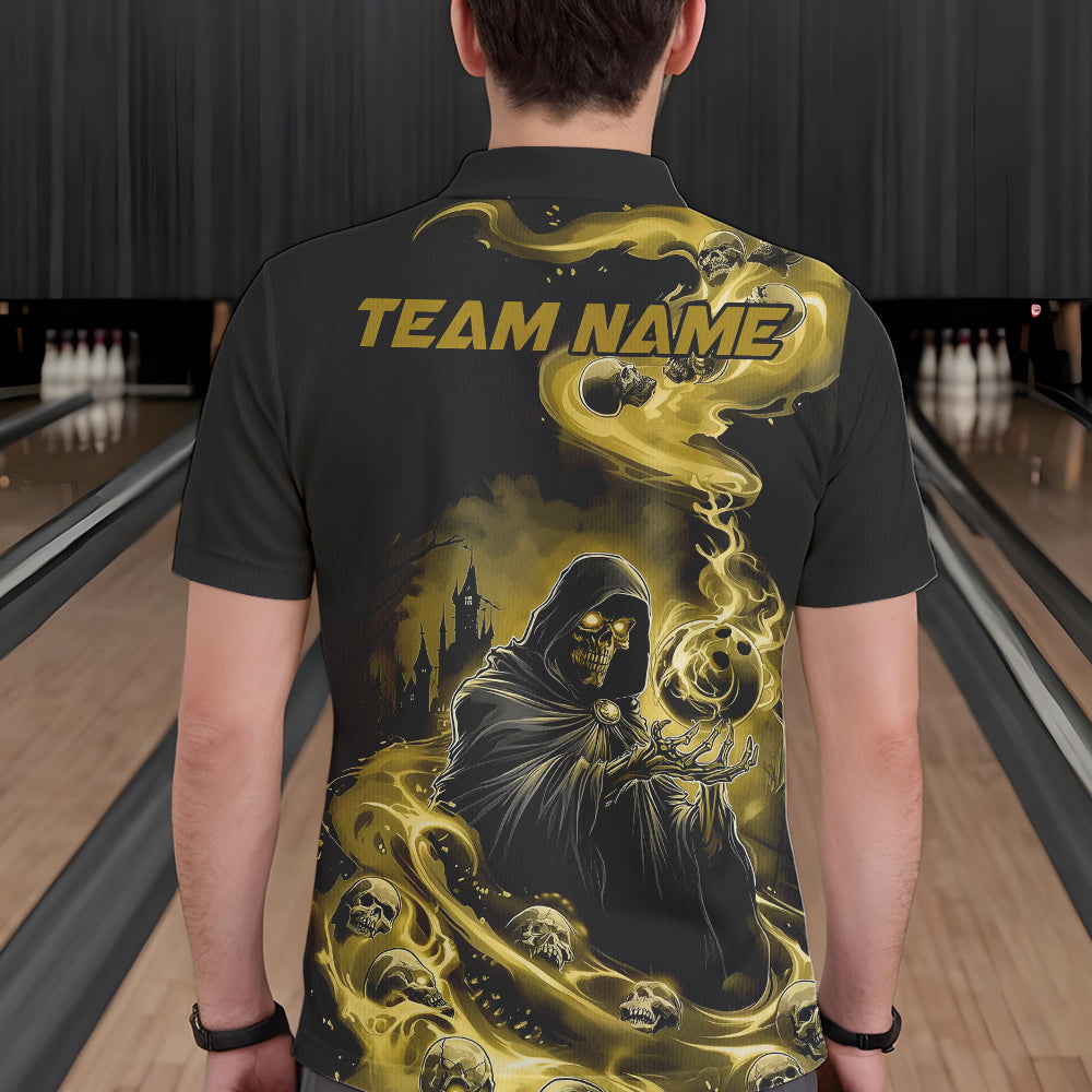 Black And Yellow Grim Reaper Custom Halloween Bowling Team Men Polo Shirts, Bowlers Outfit IPHW8894