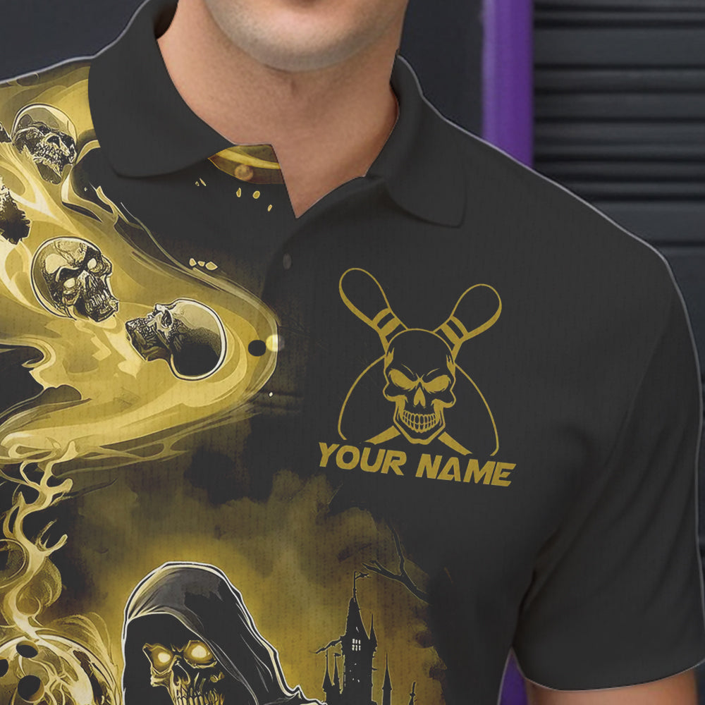 Black And Yellow Grim Reaper Custom Halloween Bowling Team Men Polo Shirts, Bowlers Outfit IPHW8894