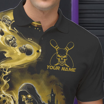 Black And Yellow Grim Reaper Custom Halloween Bowling Team Men Polo Shirts, Bowlers Outfit IPHW8894