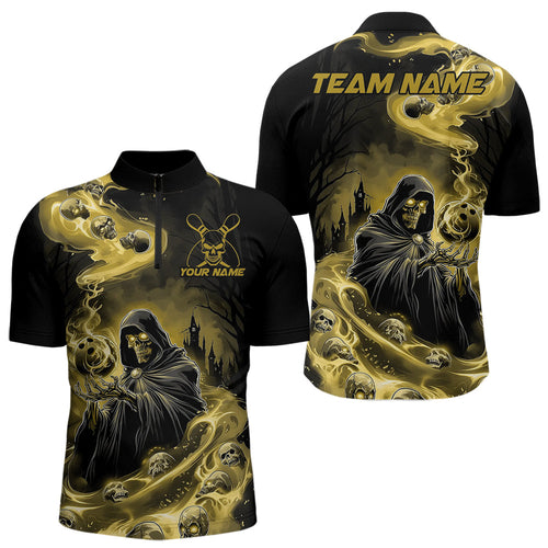 Black And Yellow Grim Reaper Custom Halloween Bowling Team Men Quarter-Zip Shirts, Bowlers Outfit IPHW8894