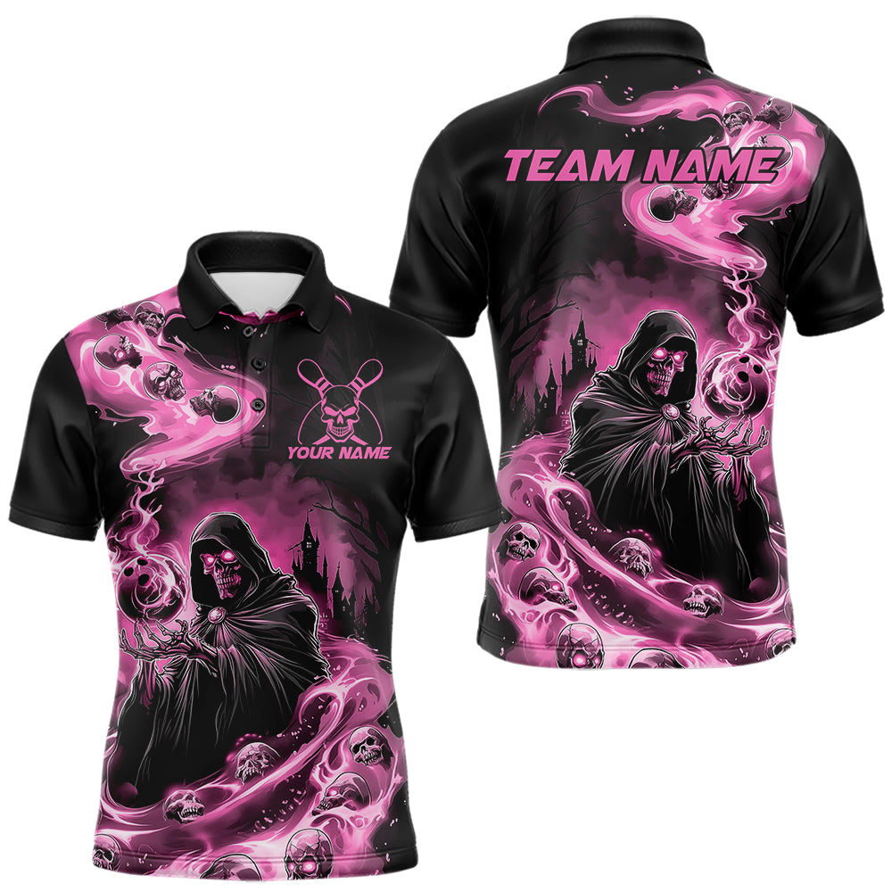 Black And Pink Grim Reaper Custom Halloween Bowling Team Men Polo Shirts, Bowlers Outfit IPHW8895