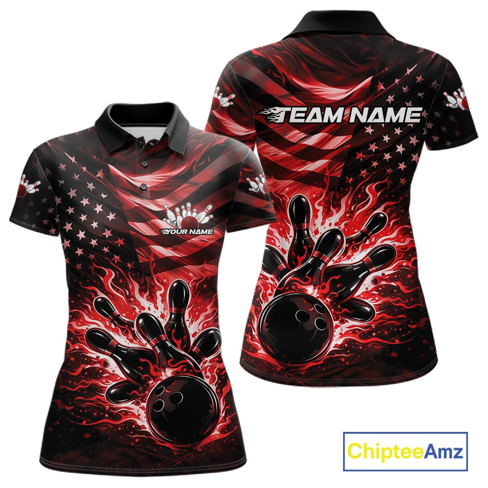 Front and back views of a black womens bowling polo shirt featuring a red flame bowling ball striking pins with American flag-inspired graphics.
