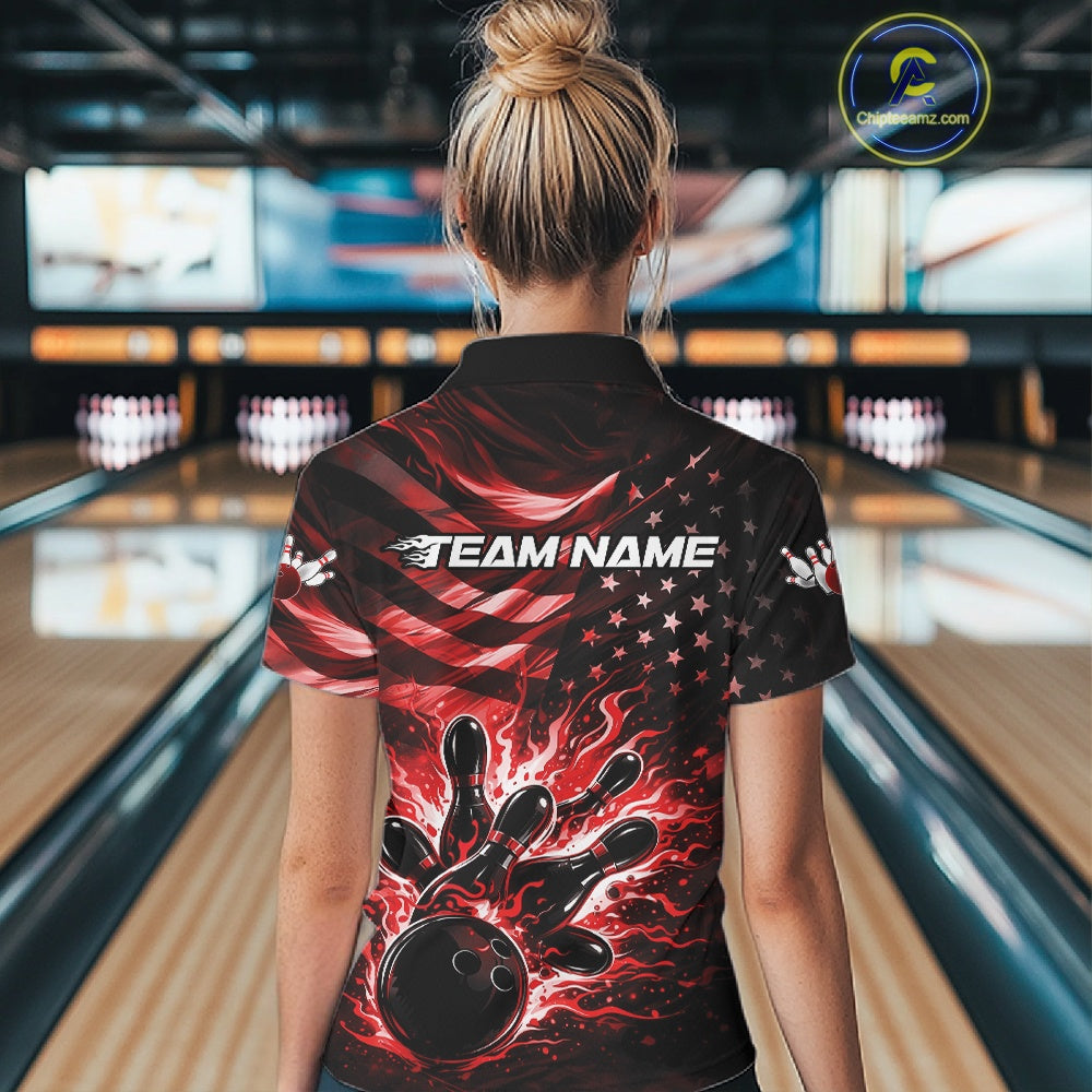 Back view of a female model in a black bowling polo shirt displaying red flame bowling strike graphics and flag accents.