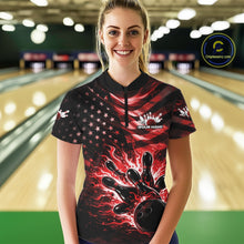 Load image into Gallery viewer, Custom Black And Red Patriotic Fire Flame Women Bowling Shirt, US Flag Bowling Jerseys IPHW10997