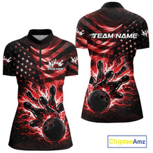 Load image into Gallery viewer, Custom Black And Red Patriotic Fire Flame Women Bowling Shirt, US Flag Bowling Jerseys IPHW10997