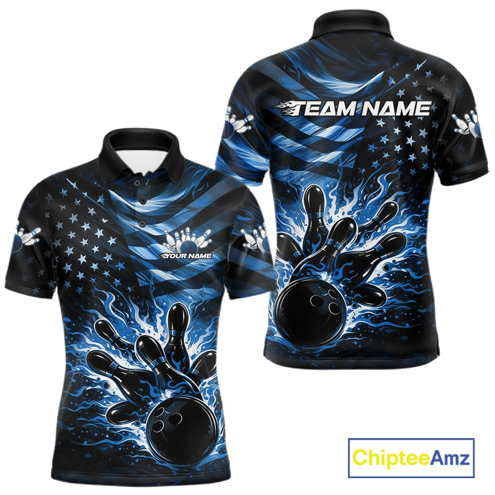 Front and back views of a black mens bowling polo shirt featuring a blue flame bowling ball striking pins with distressed American flag artwork.